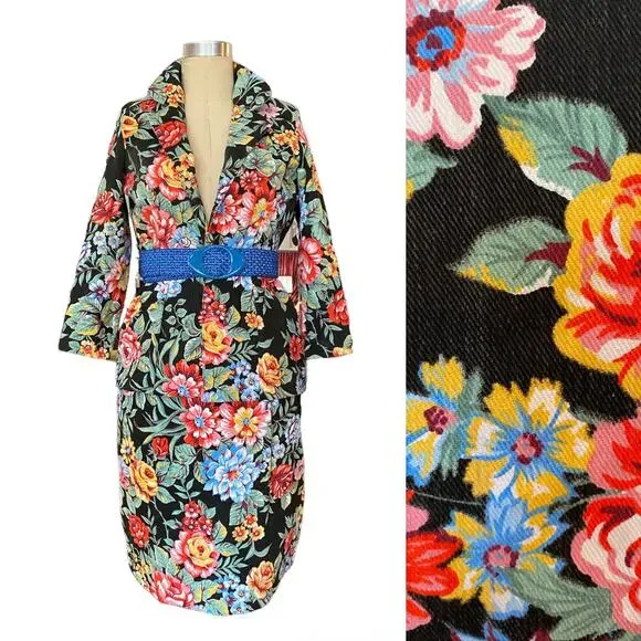 1980s denim skirt and jacket bright flower print 80s fashion 2 piece jean sm - Picture 1 of 10